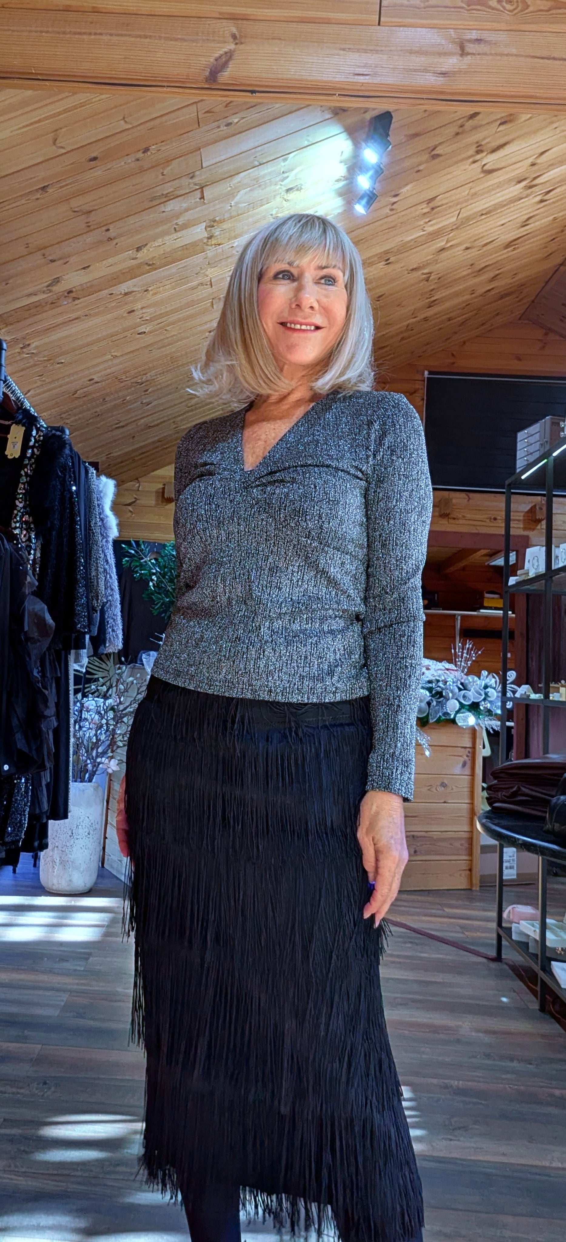 Bree Silver Lurex Look V-Neck Top – Ruched Bust  Long Sleeves