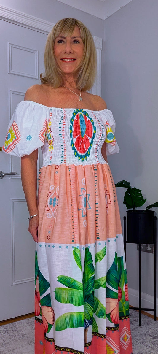 Hope On or  Off-Shoulder Puff Sleeve Dress with Shirred Bust