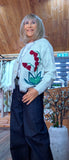 Misty Ivory Cardigan – Grey Piping & Embroidered Floral Detail