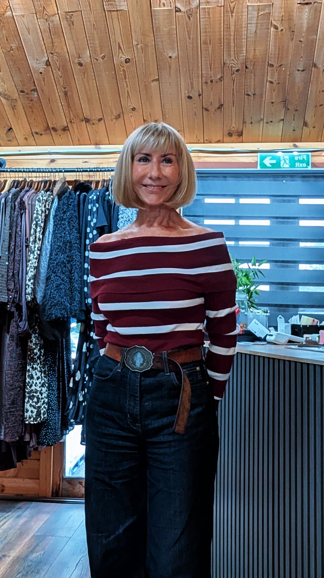 Wisty Bardot neckline top in burgundy and white stripe