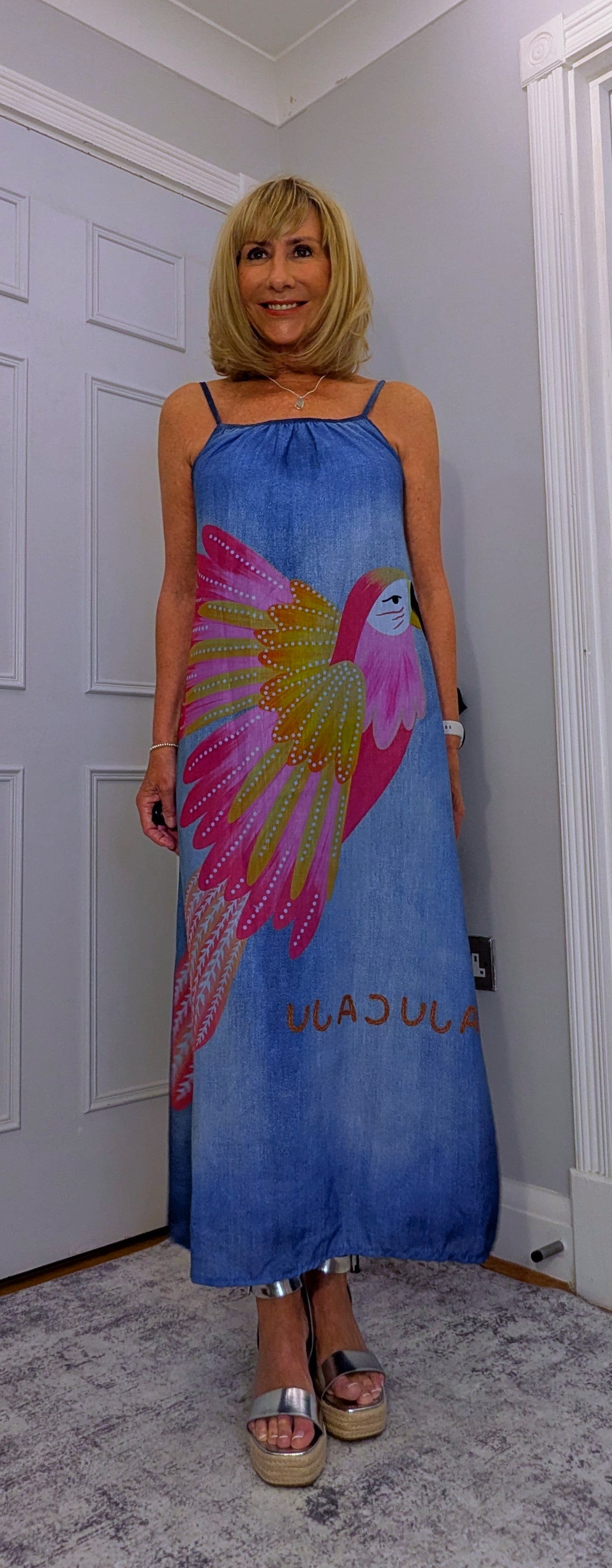 Delores Maxi Dress in Denim with Tropical Bird Print