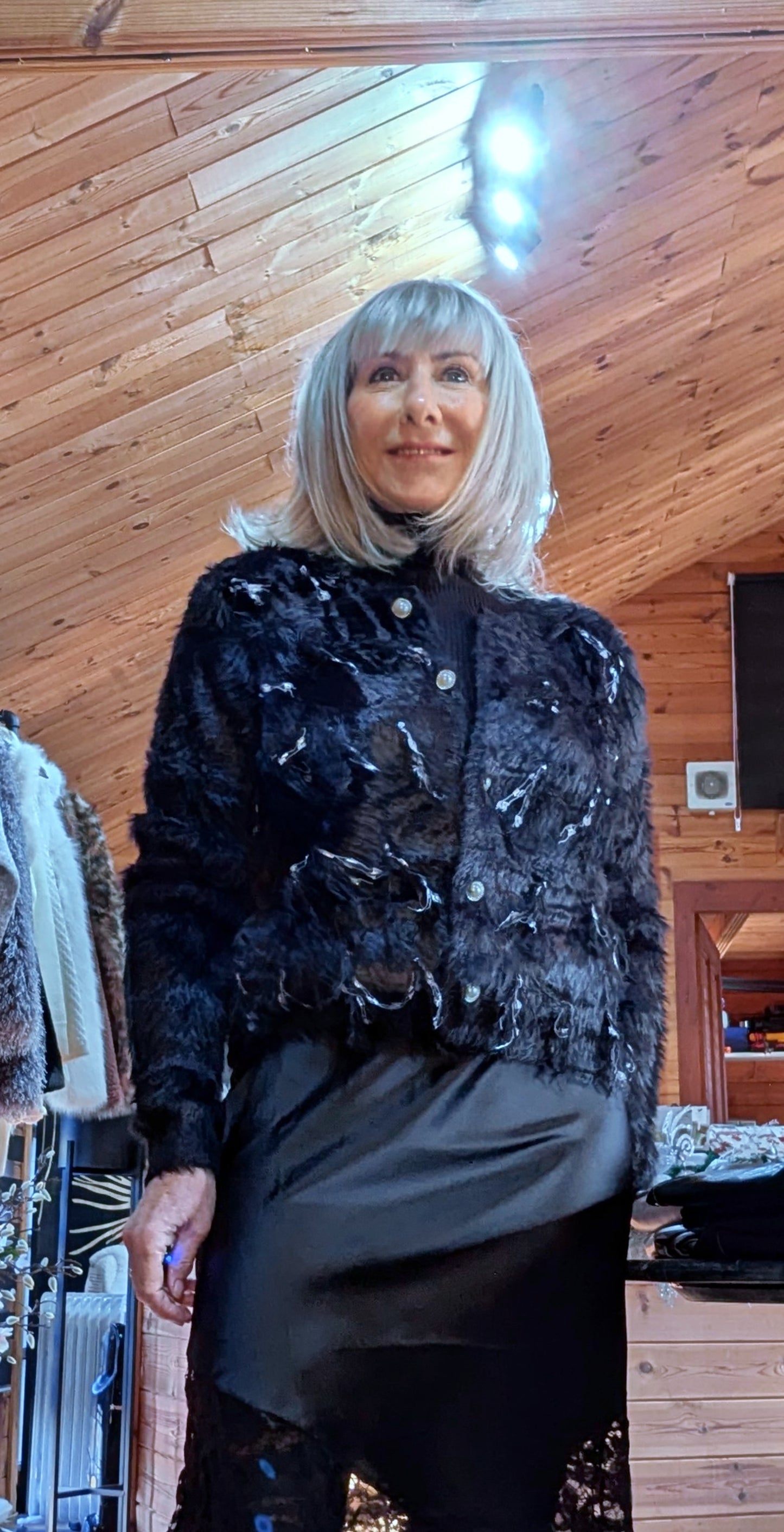 Shylo Black Faux Fur Look Evening Cardigan – Pearl Sparkle Button