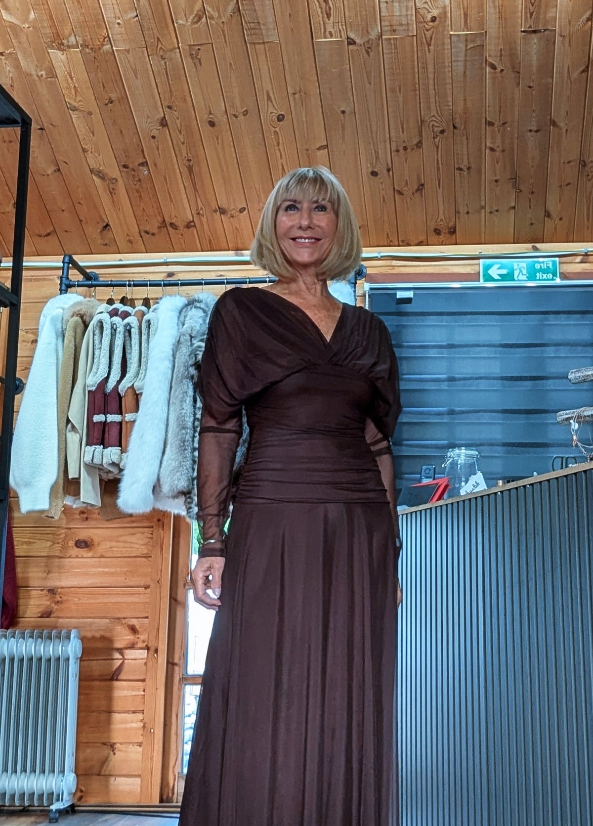 Closer front view of Luna chocolate dress showing the V-neckline and gathered waist