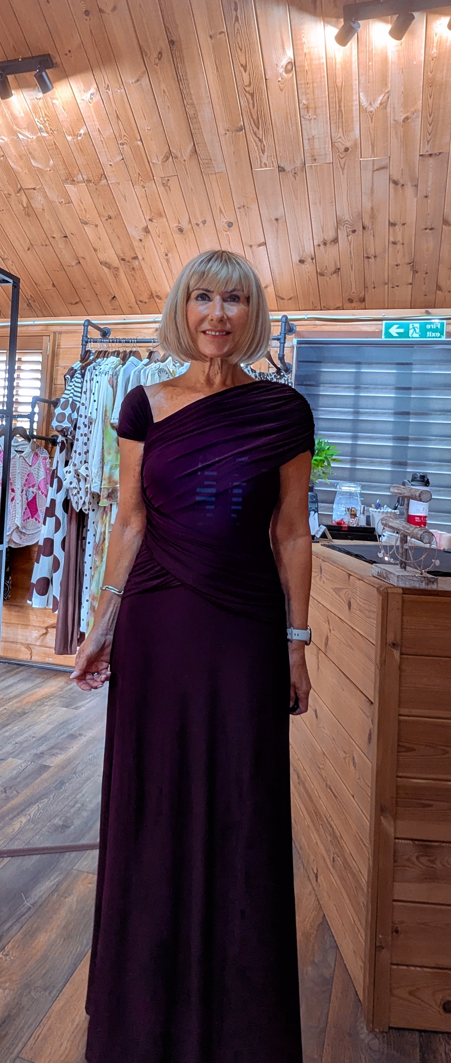 Close up front view Imogen burgundy draped maxi dress occasion dress