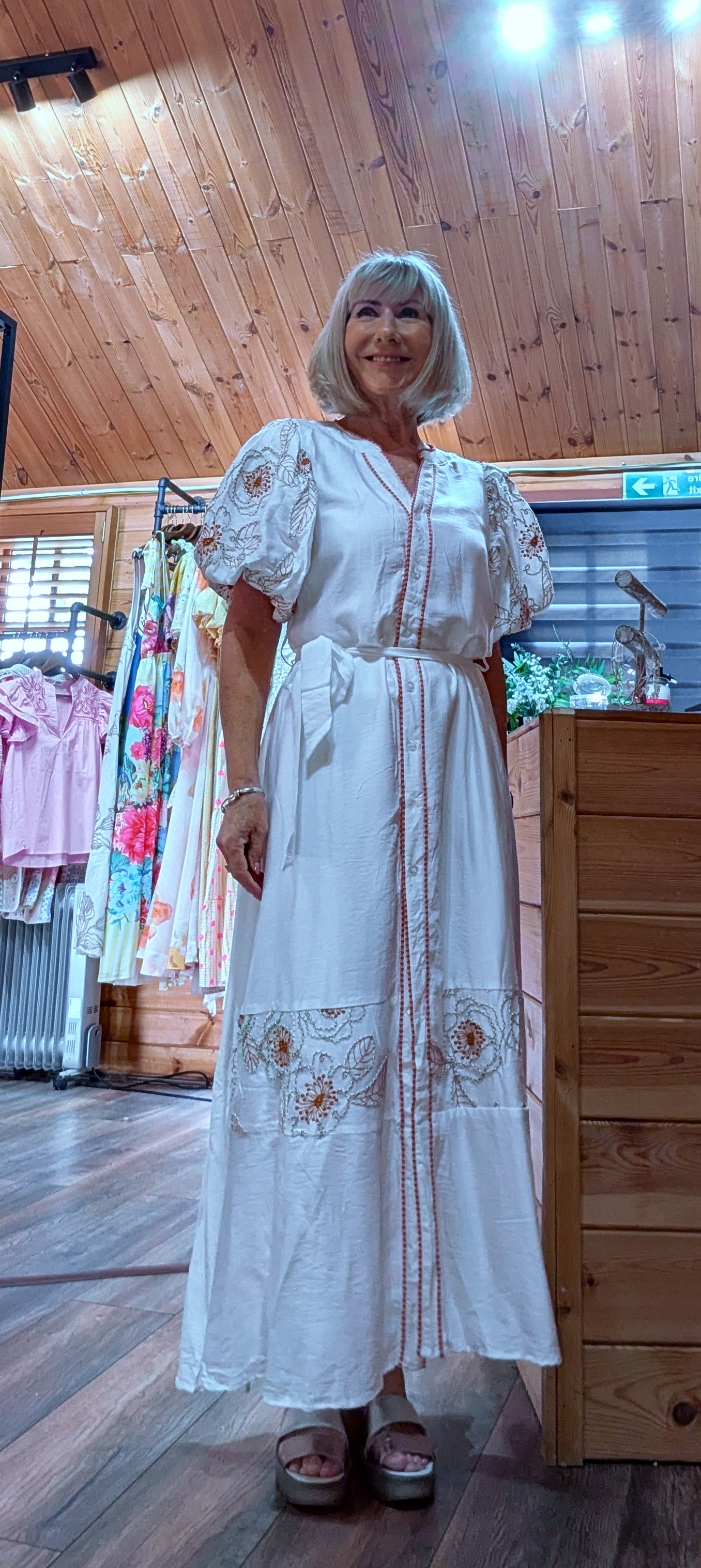 White boho maxi dress with embroidered detail