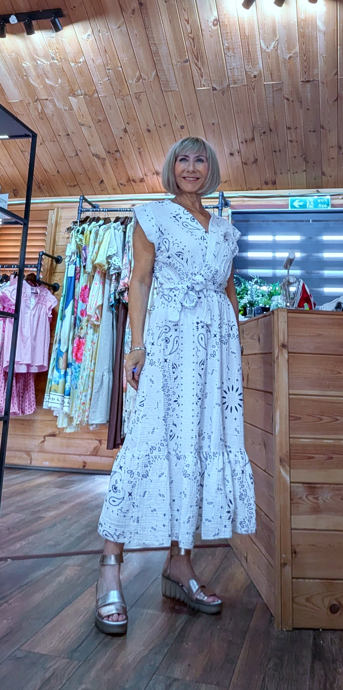 Cheesecloth cotton midi dress with tie belt