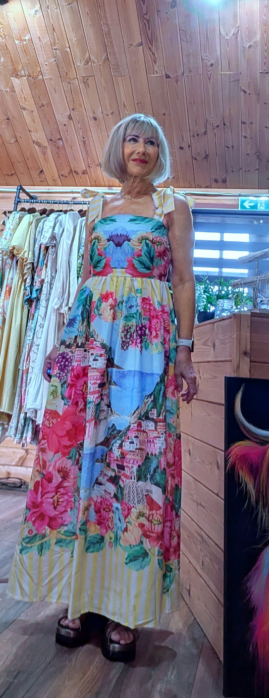 Emmy yellow printed maxi dress with shoulder ties