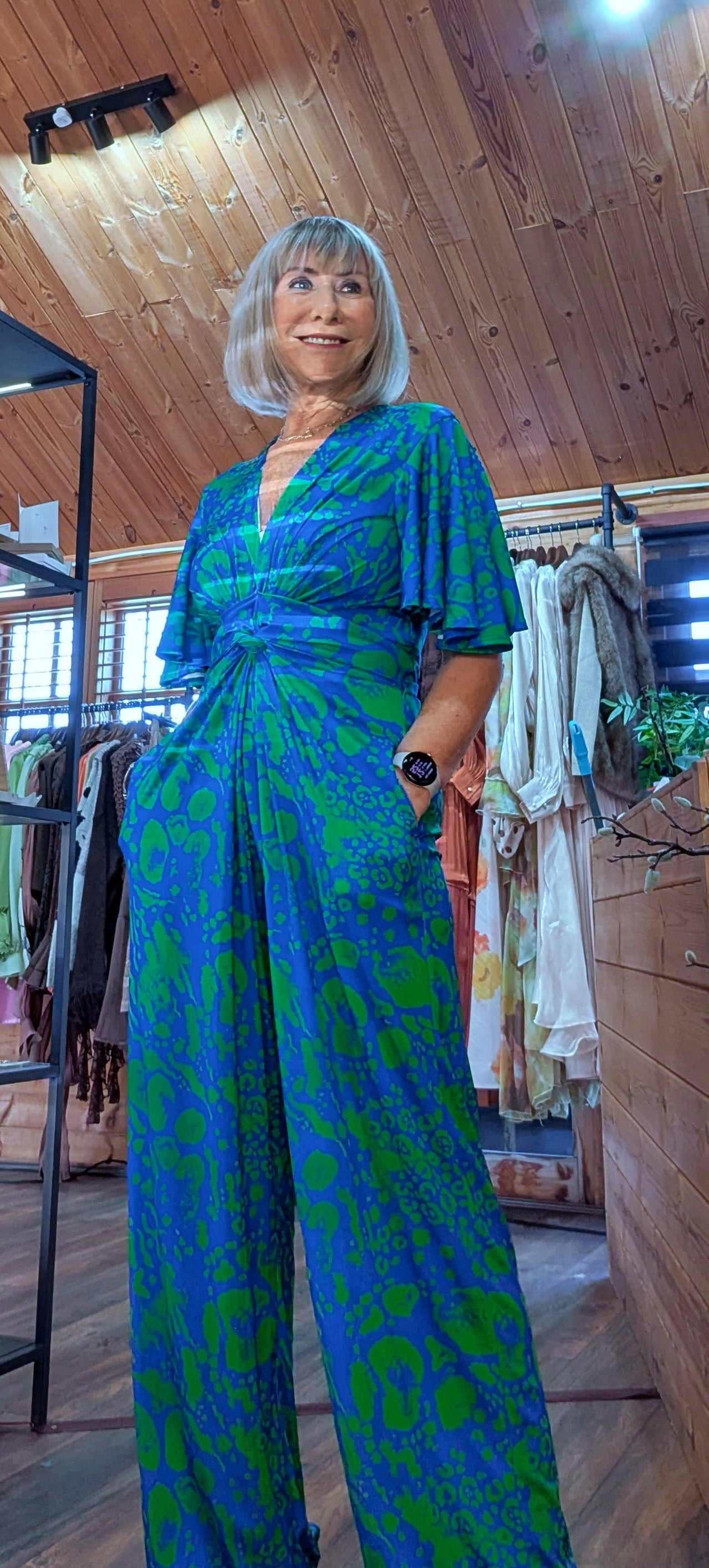 Justina Tropical Green - Fuchsia -Angel Sleeve Maxi Jumpsuit with Twist Detail