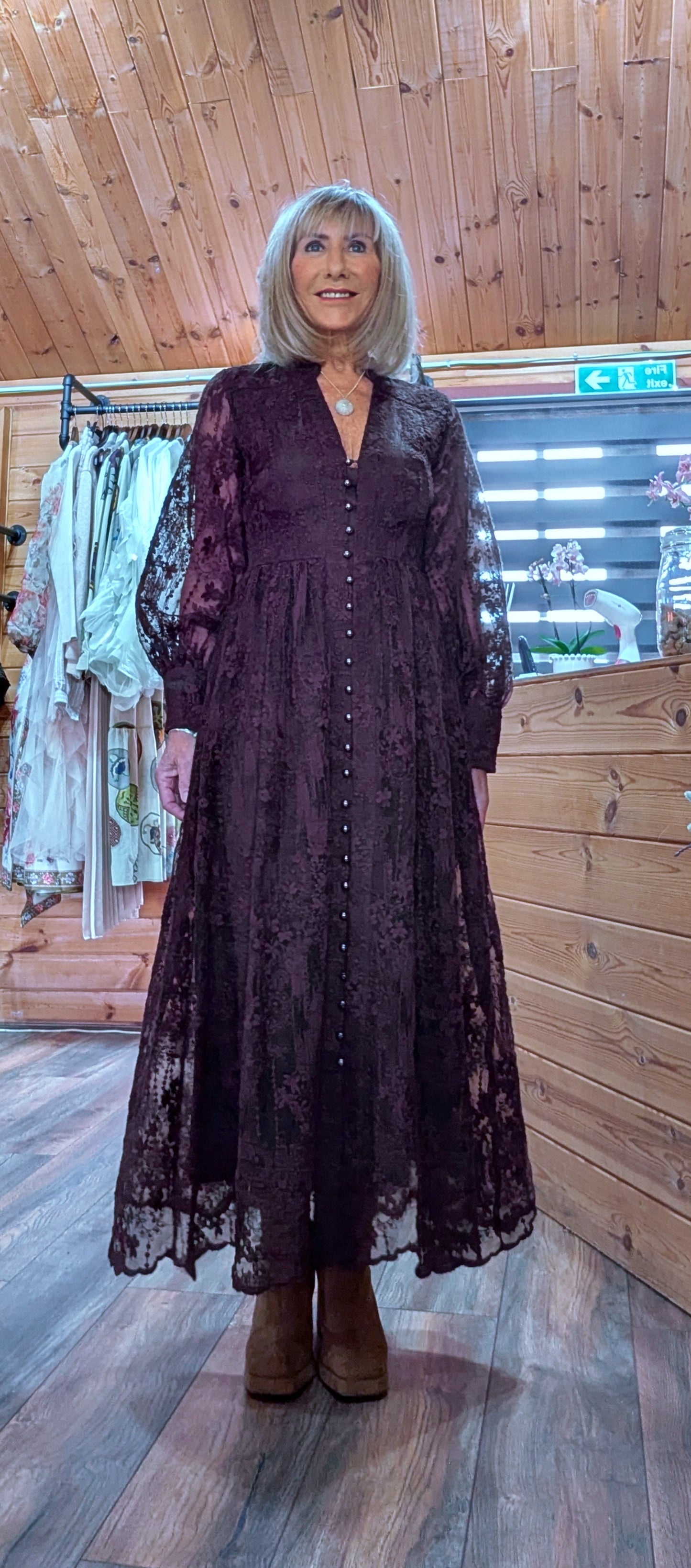 Marsha Coffee Lace Smock Dress – Pearl Button Front - Grandad Collar