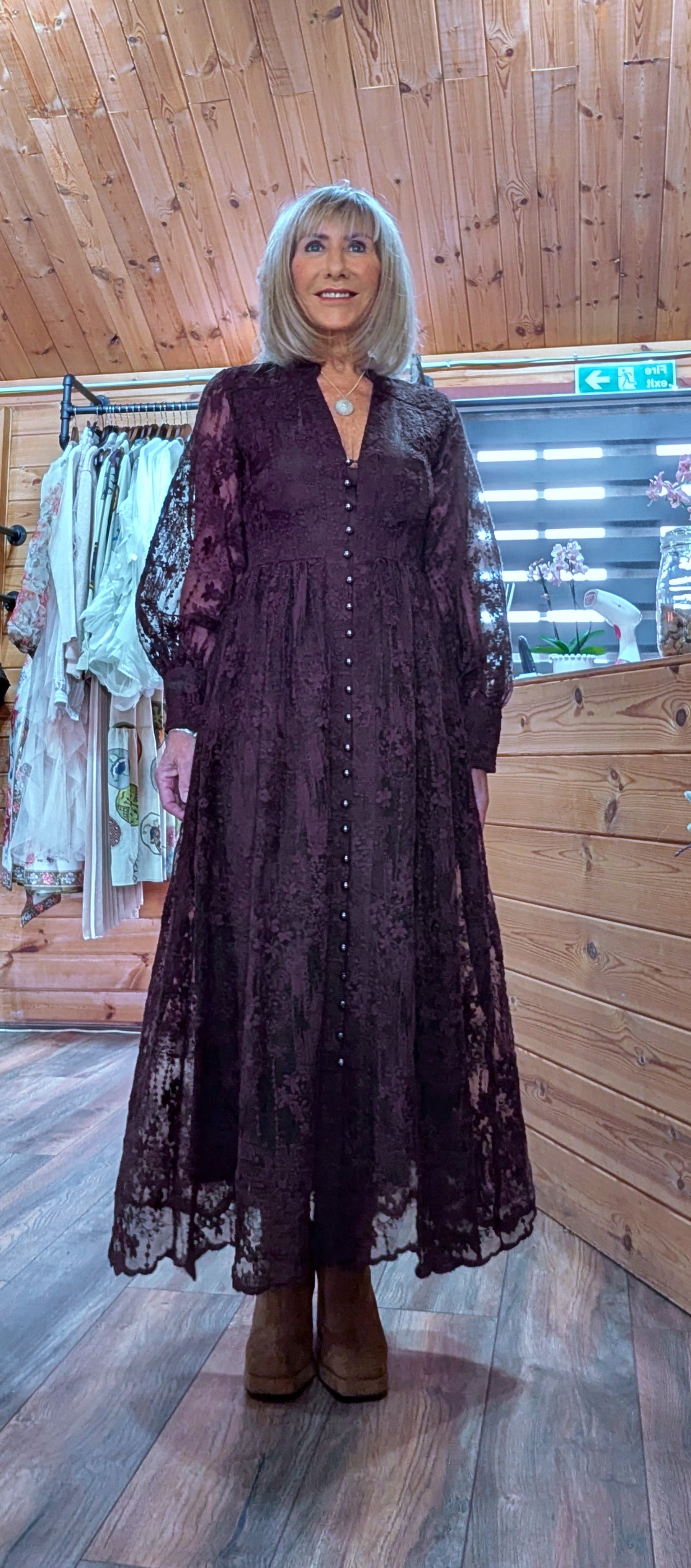 Marsha Coffee Lace Smock Dress – Pearl Button Front - Grandad Collar