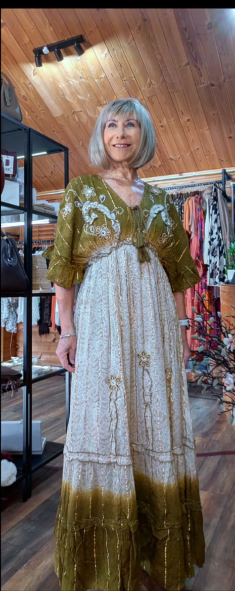 Tilda Olive & Ecru Embellished Maxi Dress – Dip Dye Tassel Boho Style