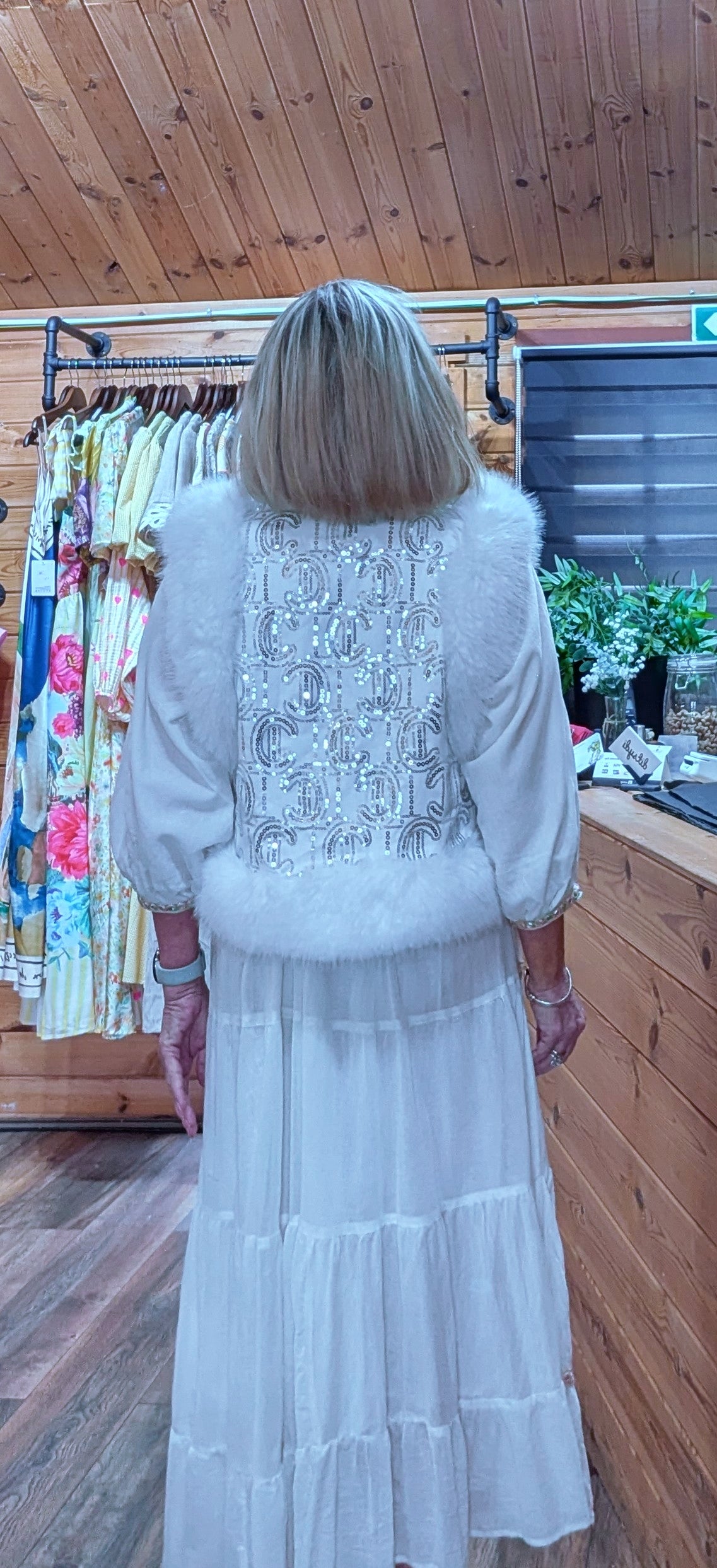 Rear view Goldie White Sequin Faux Fur Gilet 