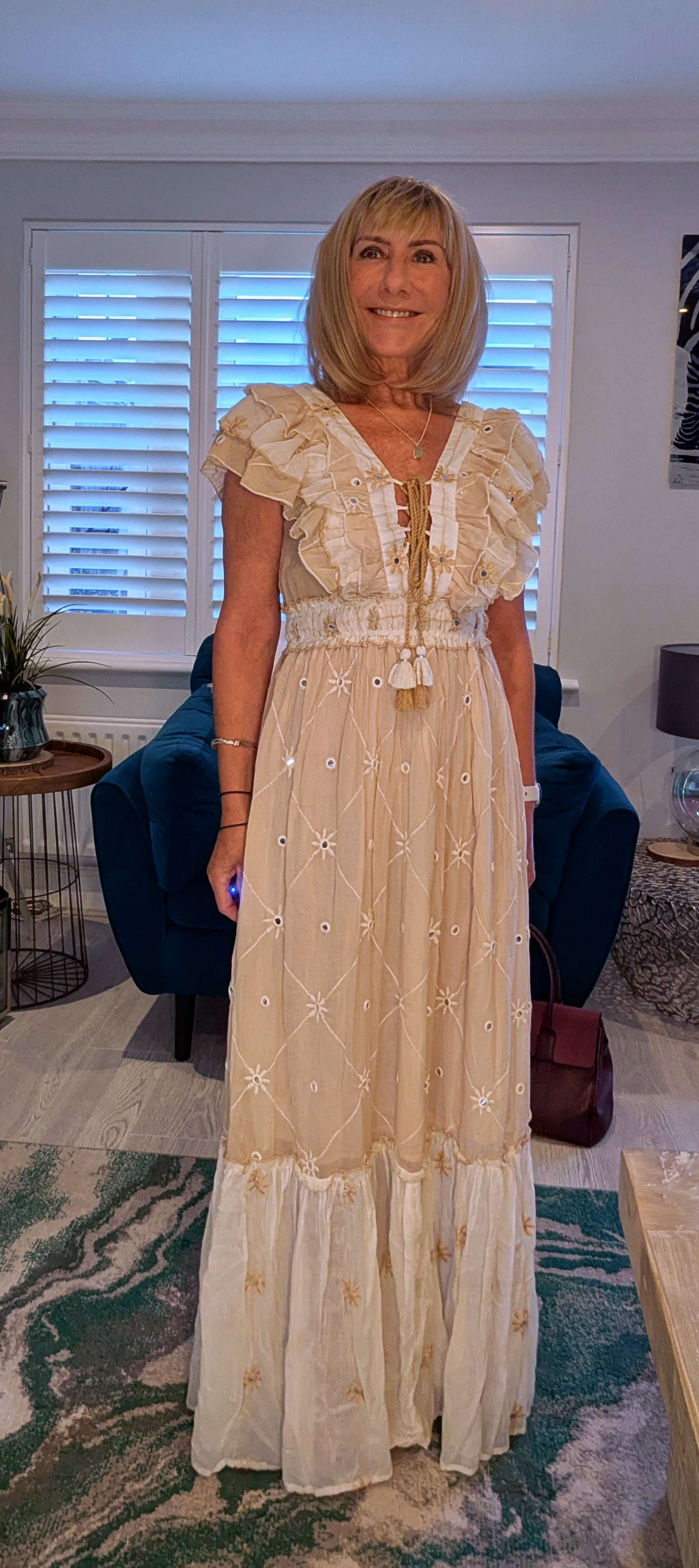 Thea Bohemian Dress in Cream and White with Tassels
