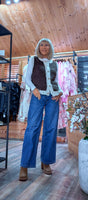 Colleen Sleeveless Cardigan – Cocoa with Ivory Border & Gold Buttons