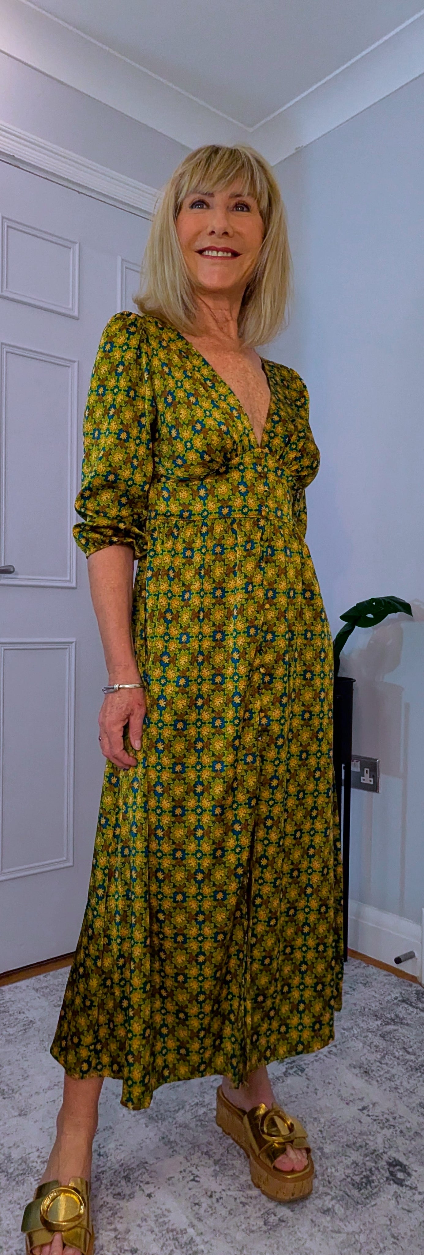 Allegra  Midi Dress in Olive Green and Gold With Tie Back