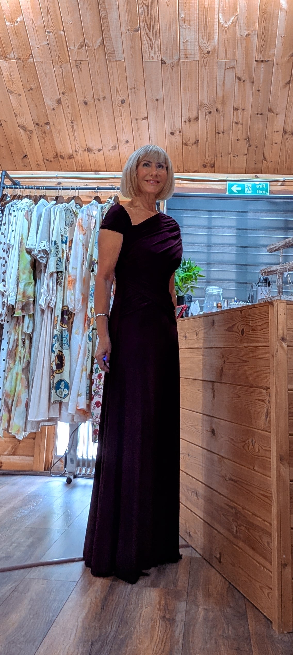 Side view Imogen burgundy draped maxi dress UK