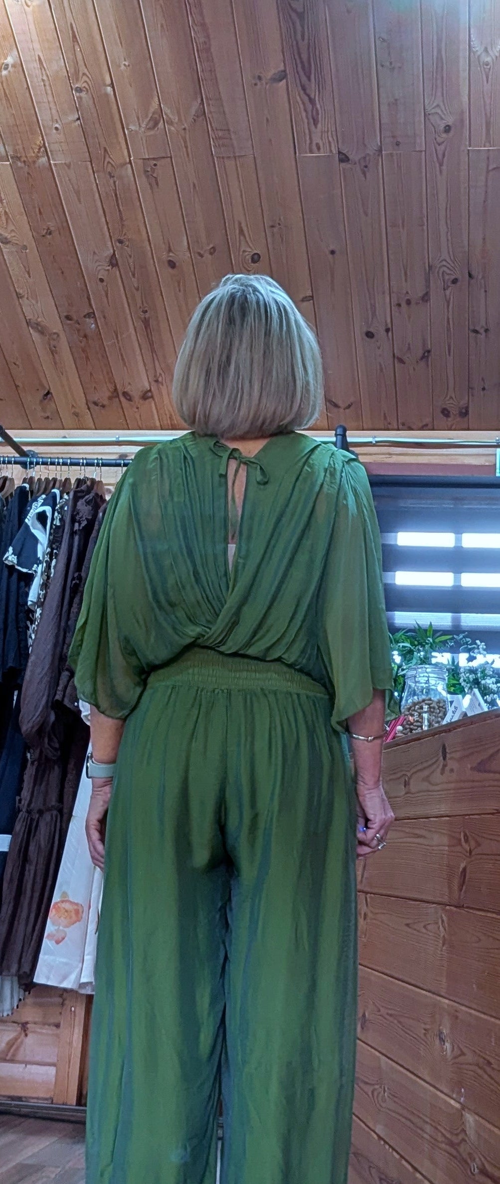 Josie Silk Blend  Jumpsuit – Olive Green