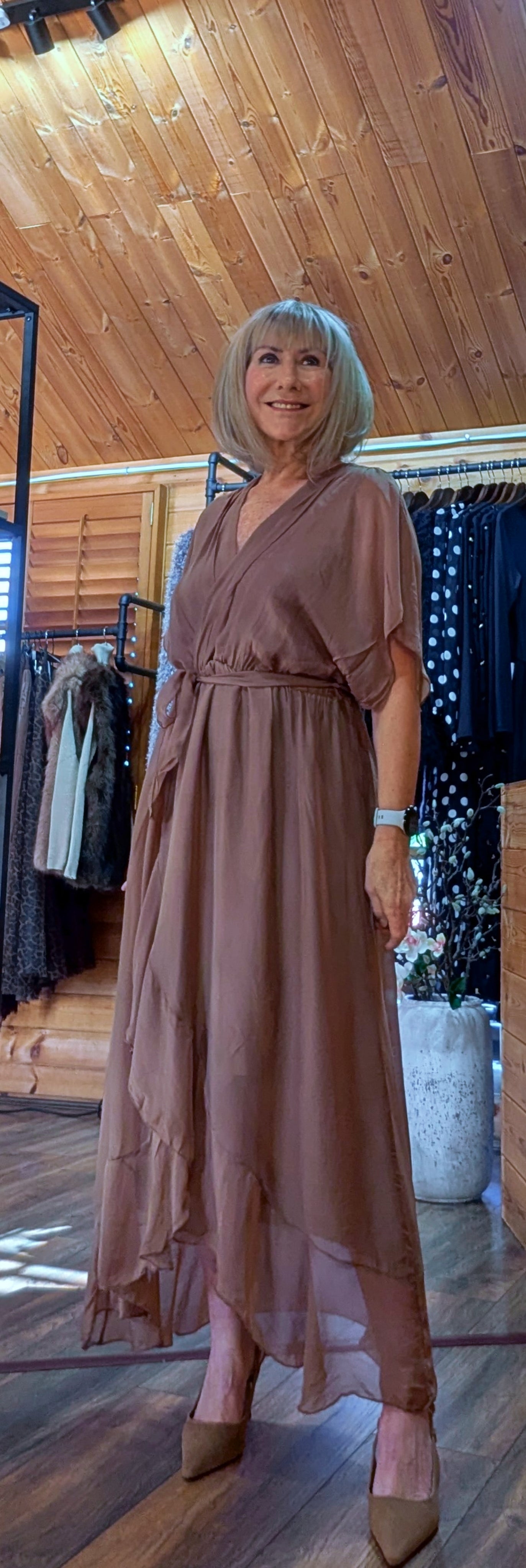 Elaine Silk Midi Wrap Dress with Tie Belt in Chocolate