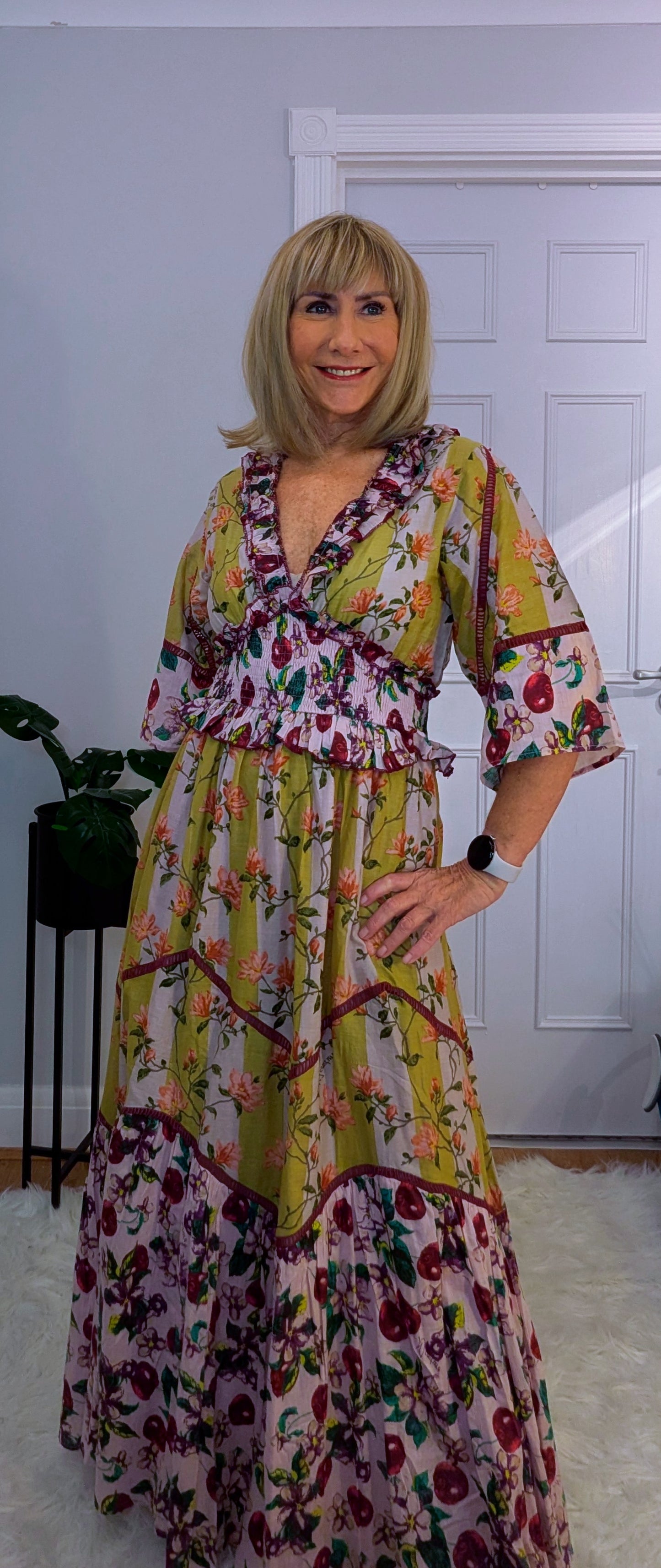 Felicity Bohemian Maxi  Dress in Maroon and Gold Shirred Waist