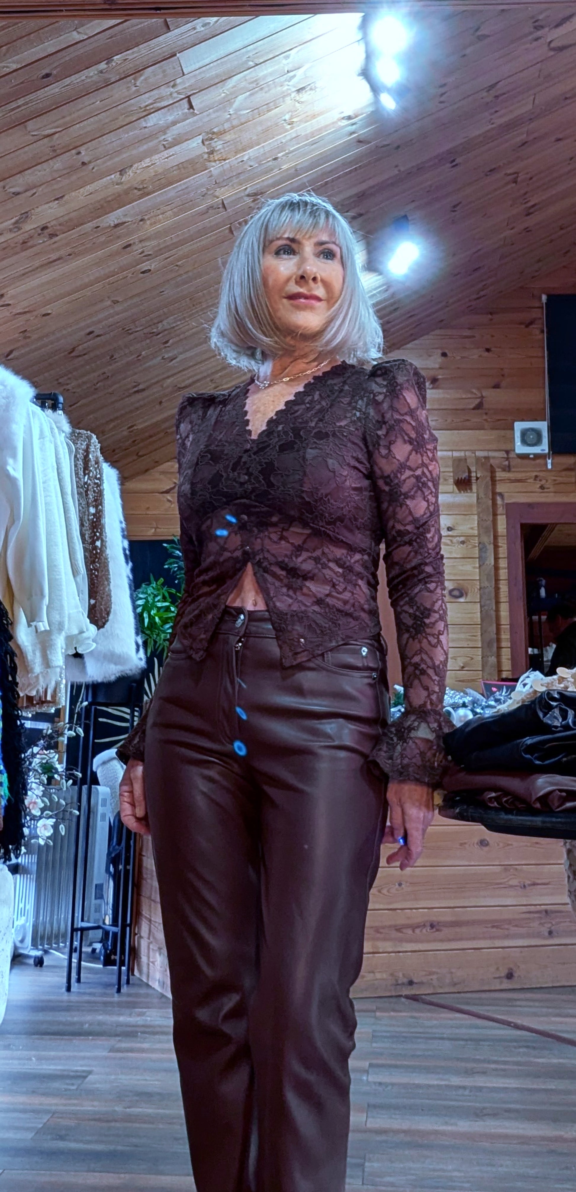 Cropped brown lace party top
