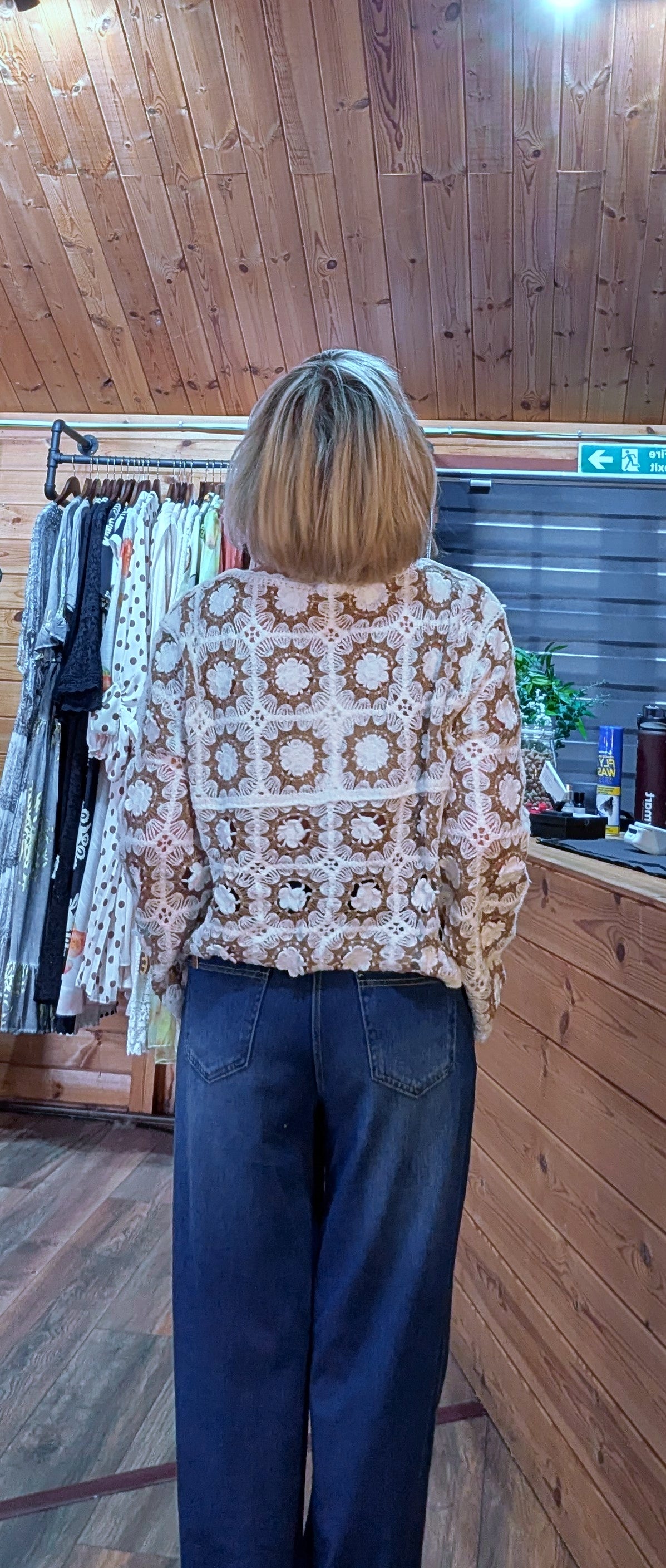 Mandy Crochet Oversized Top In Beige rear view
