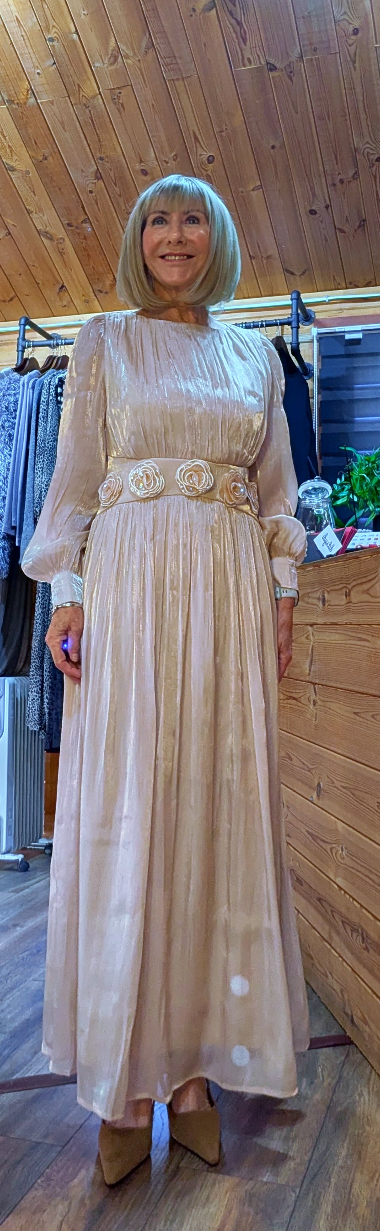 Carmel Tailored  Maxi  Dress –Soft Beige with Fitted waist  and fully lined
