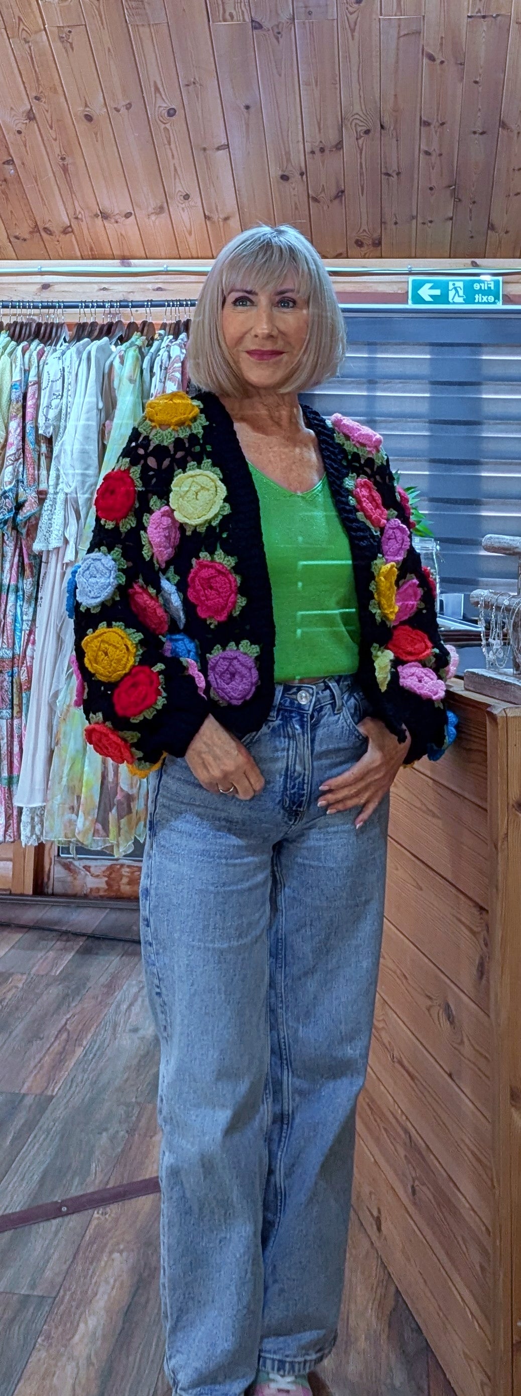 Ora black floral crochet cardigan with 3D flower detail