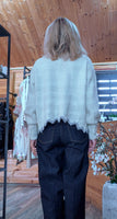 Misty Ivory Cardigan – Grey Piping & Embroidered Floral Detail