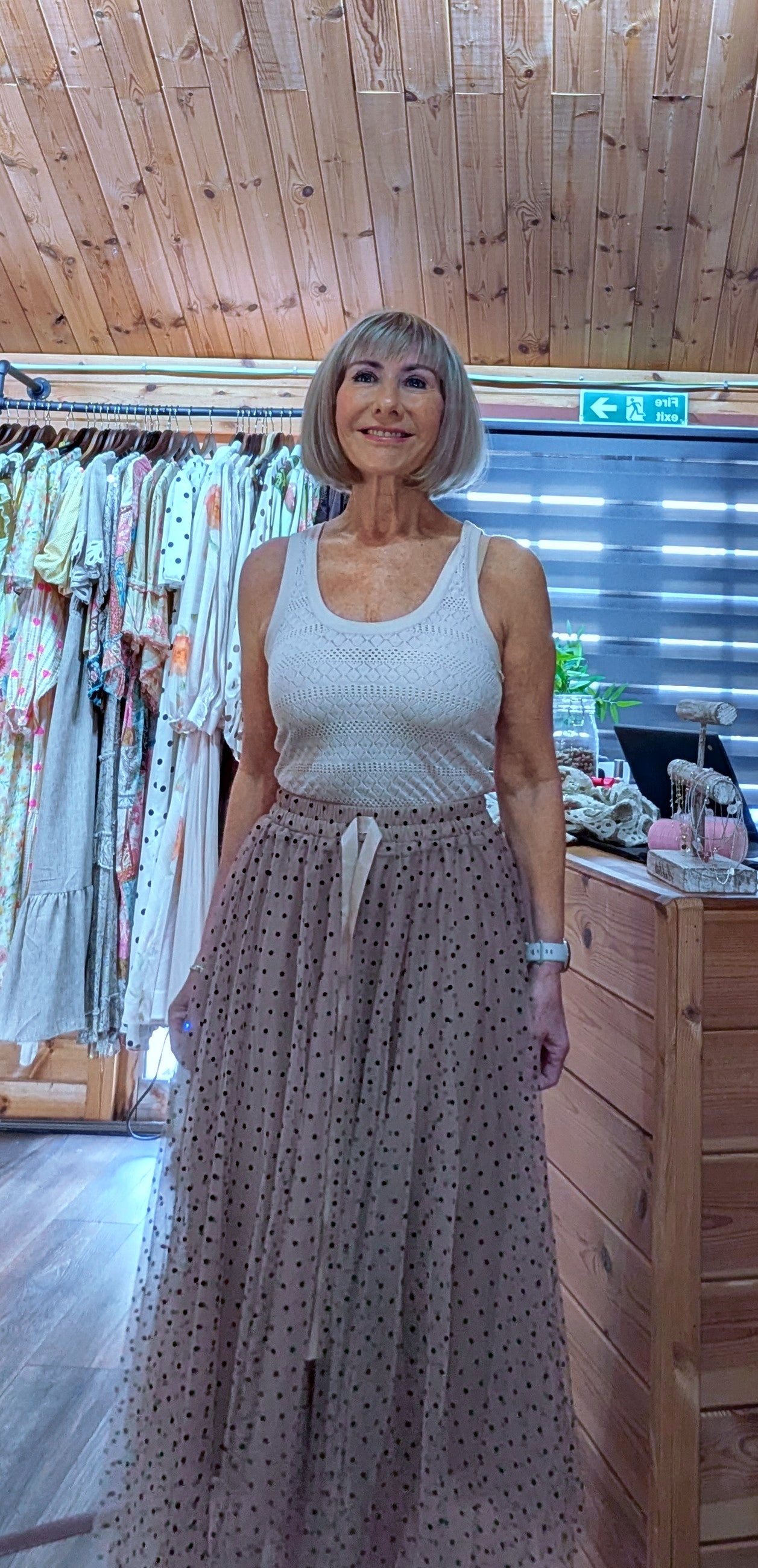 Tabitha taupe polka dot tulle skirt close up view