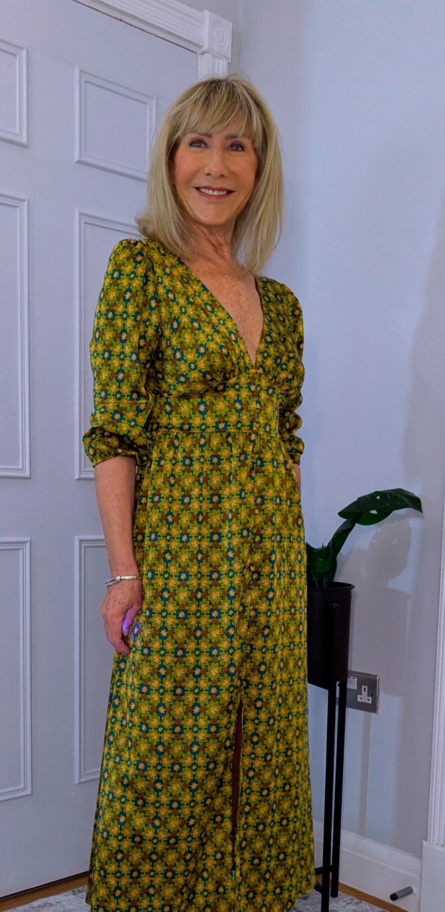 Allegra  Midi Dress in Olive Green and Gold With Tie Back