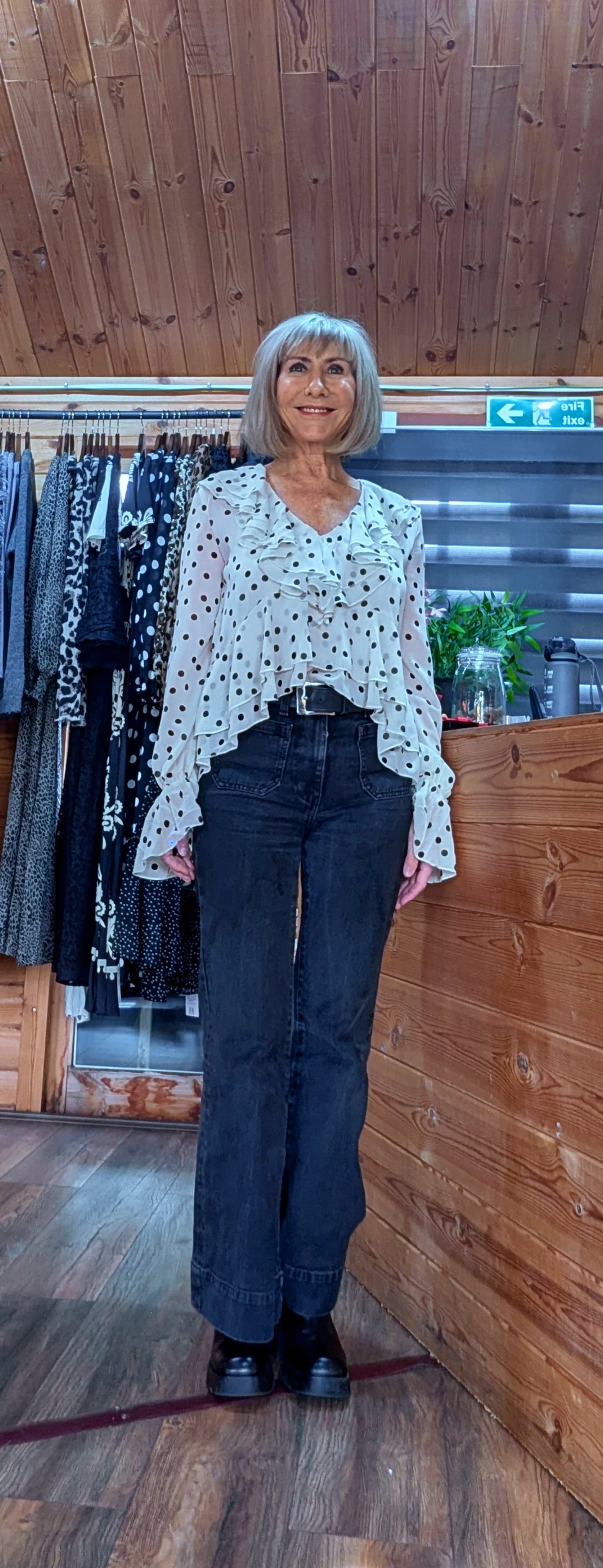 River Statement Frilled Blouse - Ivory with Black Polka Dots