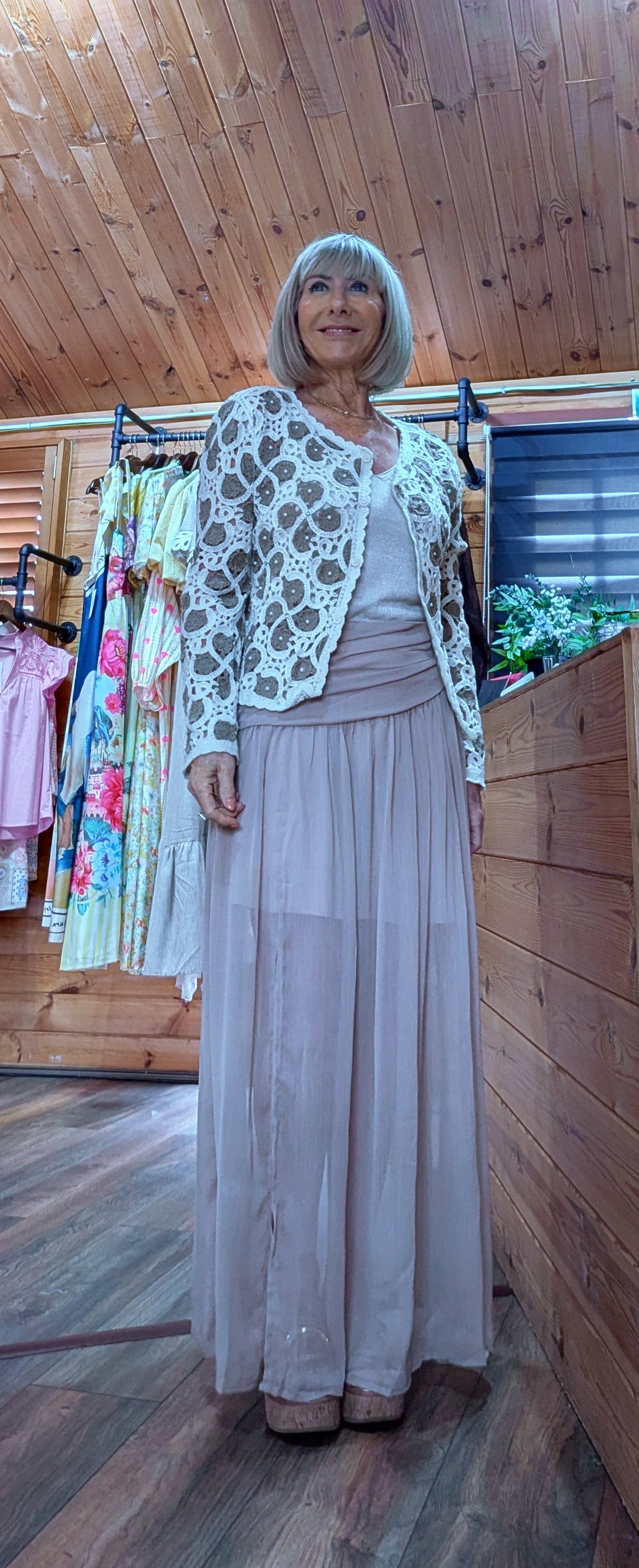 Floaty taupe maxi skirt with front split worn with a crochet cardigan- OOTD
