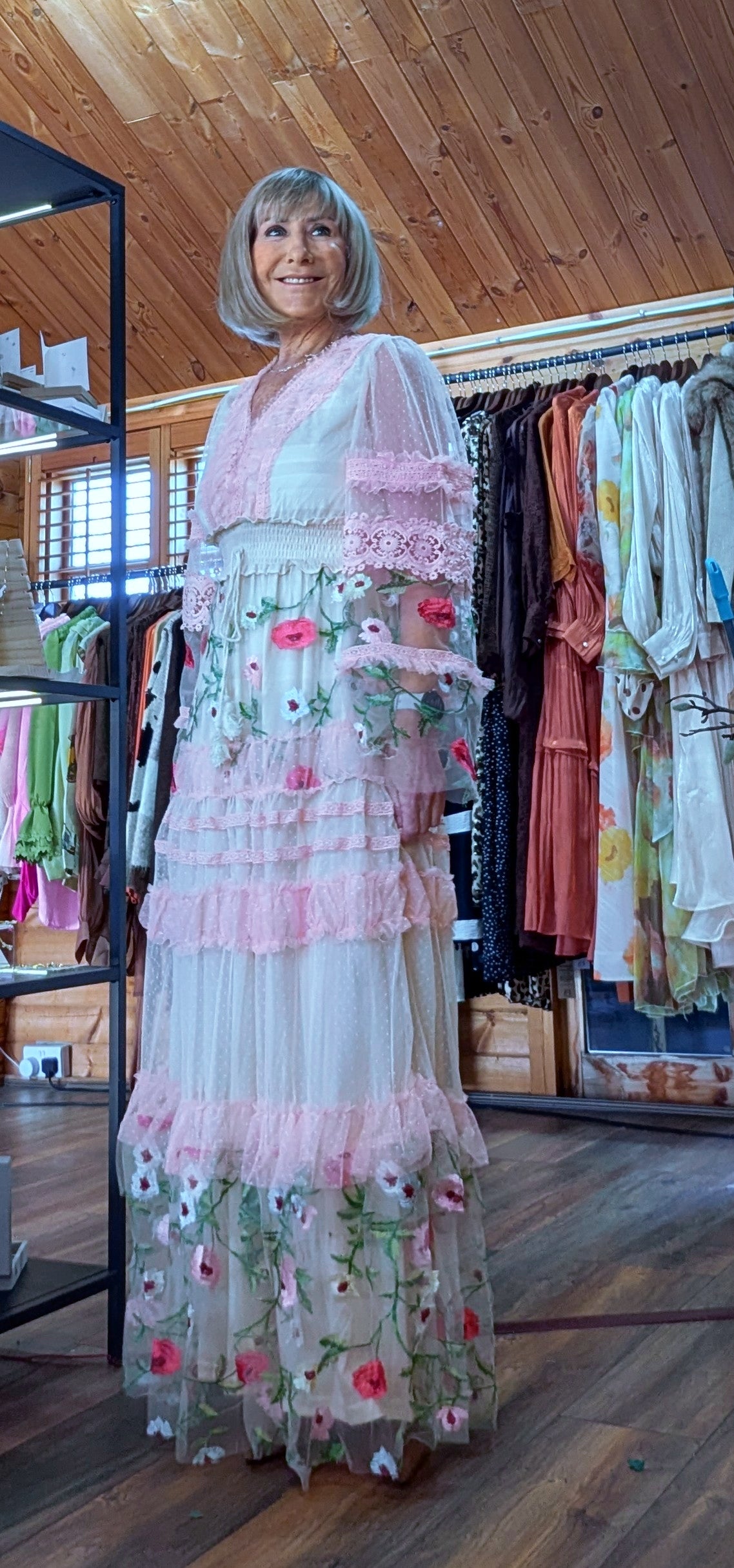 Stella Lace Bohemian Dress With Sheer Long Sleeves and Embroidery