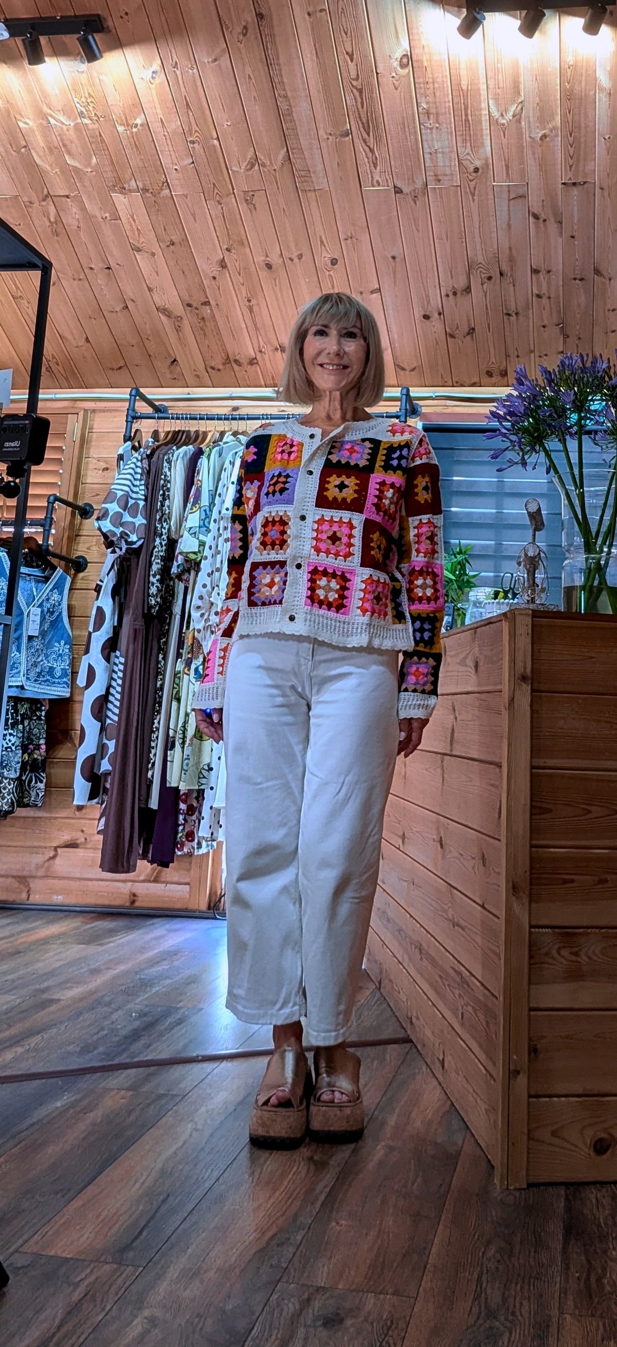 Ladies crochet cardigan with long sleeves and bold colours