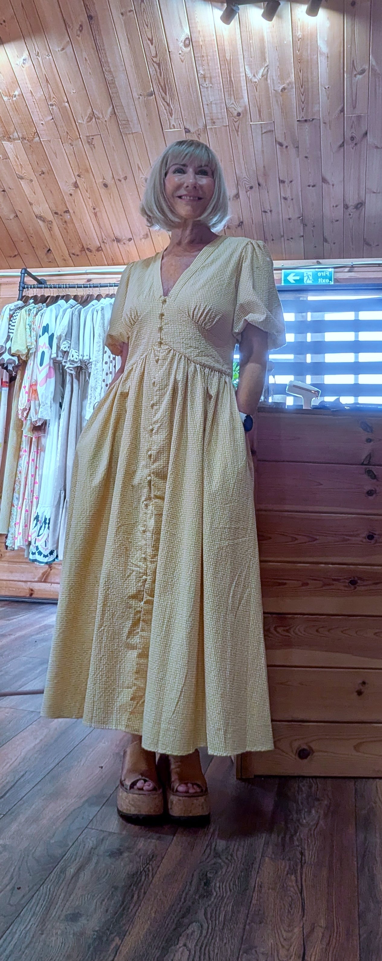 Cottage core prairie dress in yellow check print with secret pockets