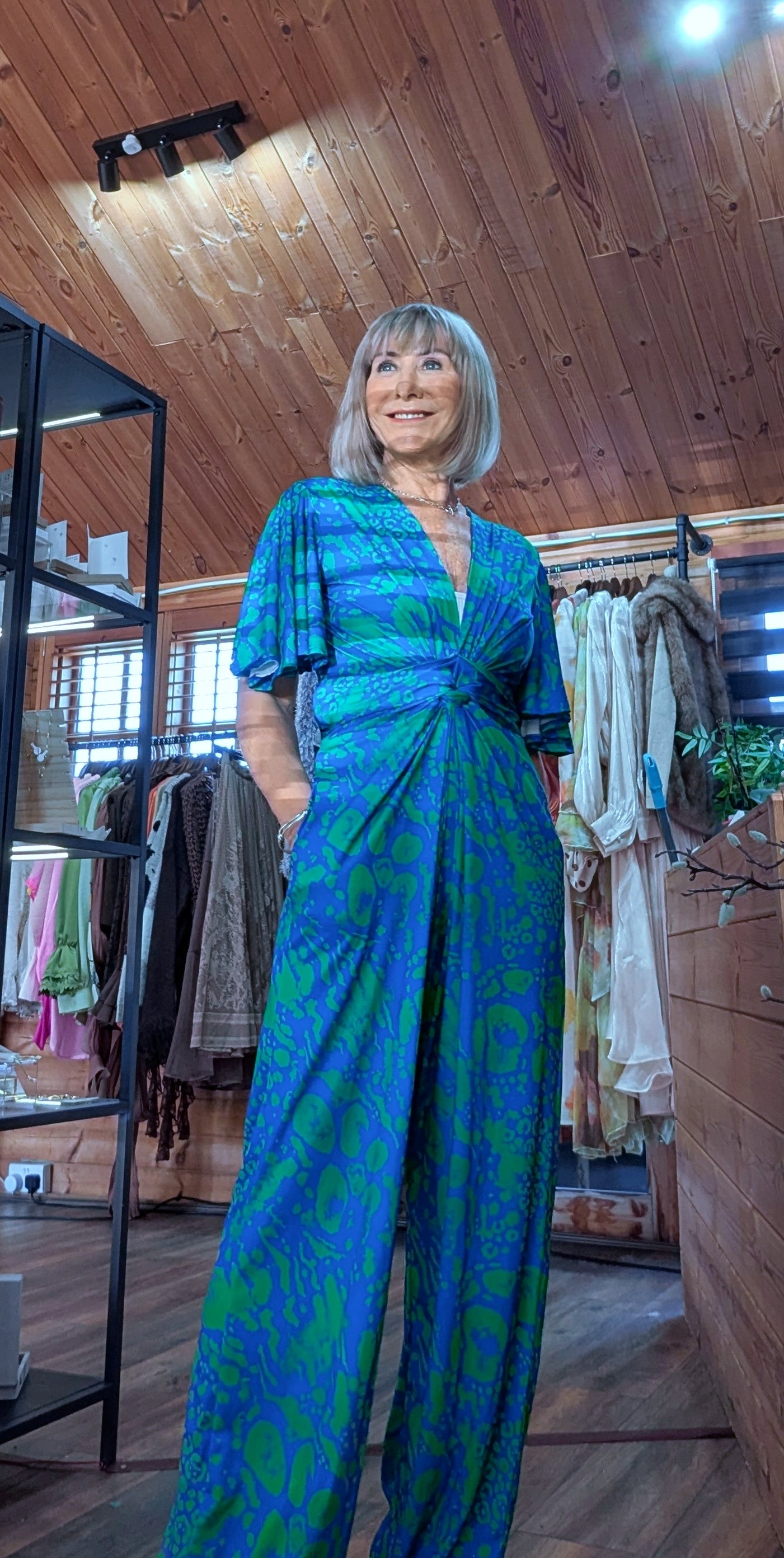 Justina Tropical Green - Fuchsia -Angel Sleeve Maxi Jumpsuit with Twist Detail