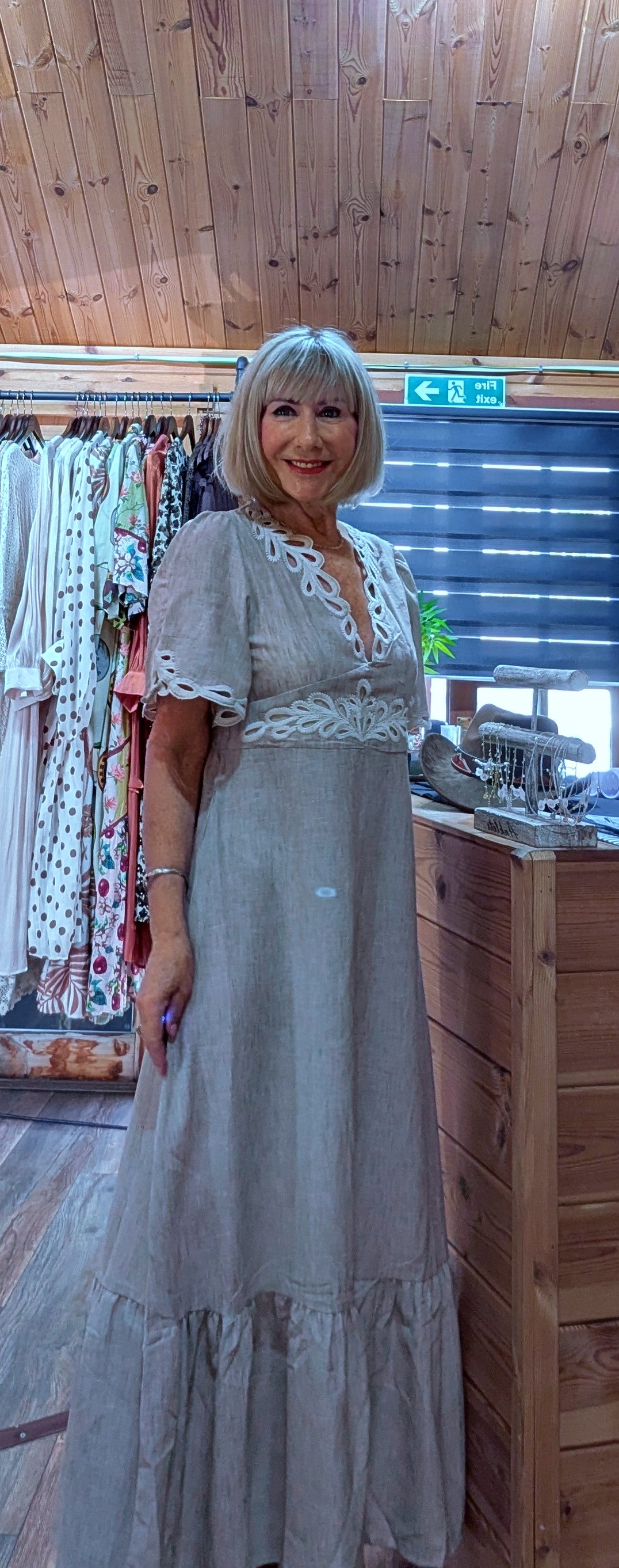 Beige embroidered summer dress with V neckline