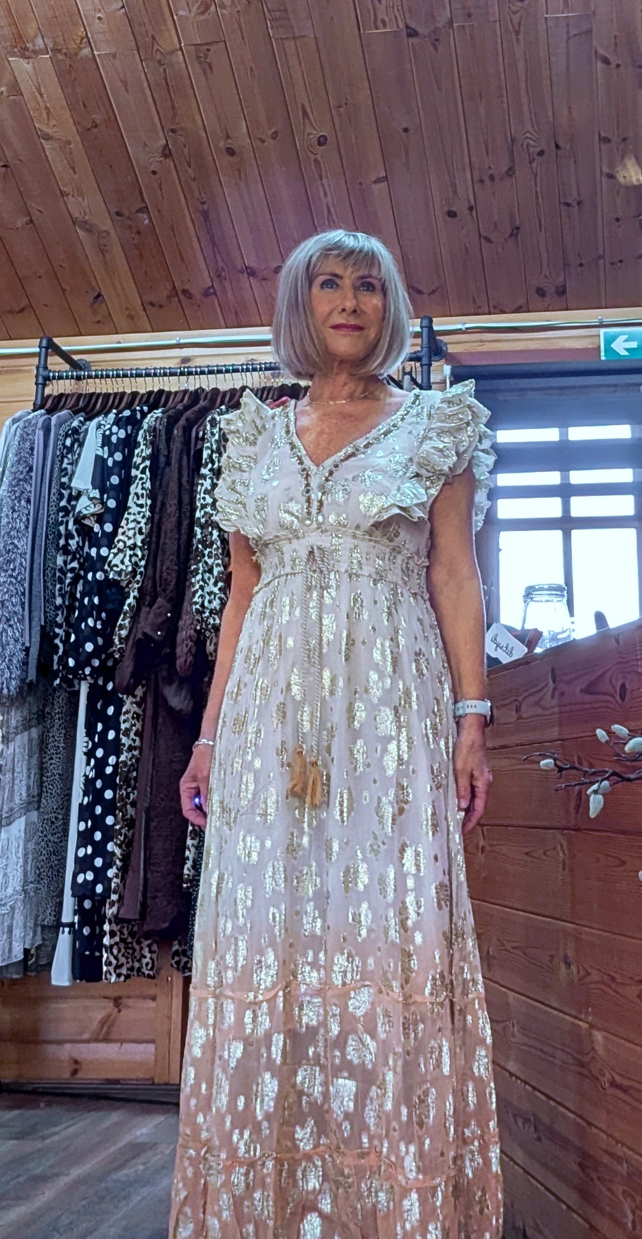 Bohemian maxi dress with gold rose embossed finish