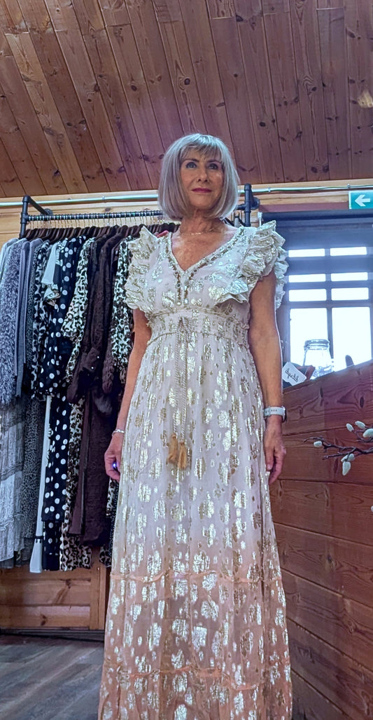 Bohemian maxi dress with gold rose embossed finish