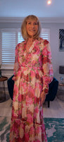 Luna Floral Crepe Maxi Dress – Pink & Green with Frill V-Neck