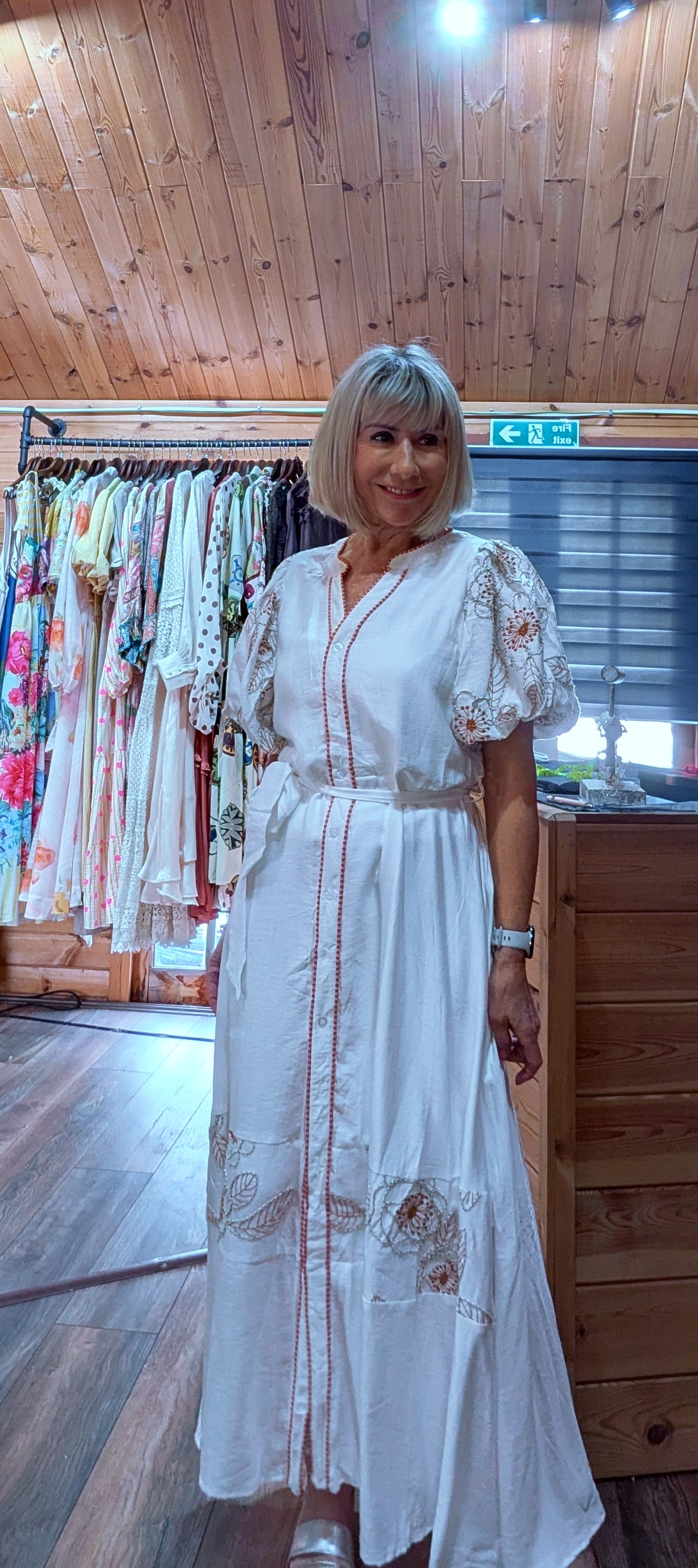 White embroidered maxi dress with waist tie and fully lined styled by ditsydi UK