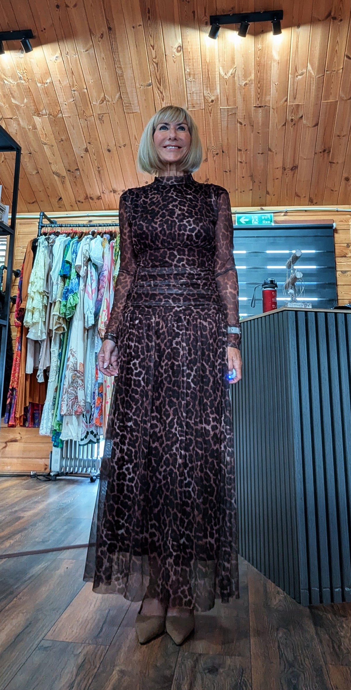 Martha one size chocolate with high neck and mesh skirt maxi dress styled for evening wear
