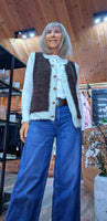Colleen Sleeveless Cardigan – Cocoa with Ivory Border & Gold Buttons
