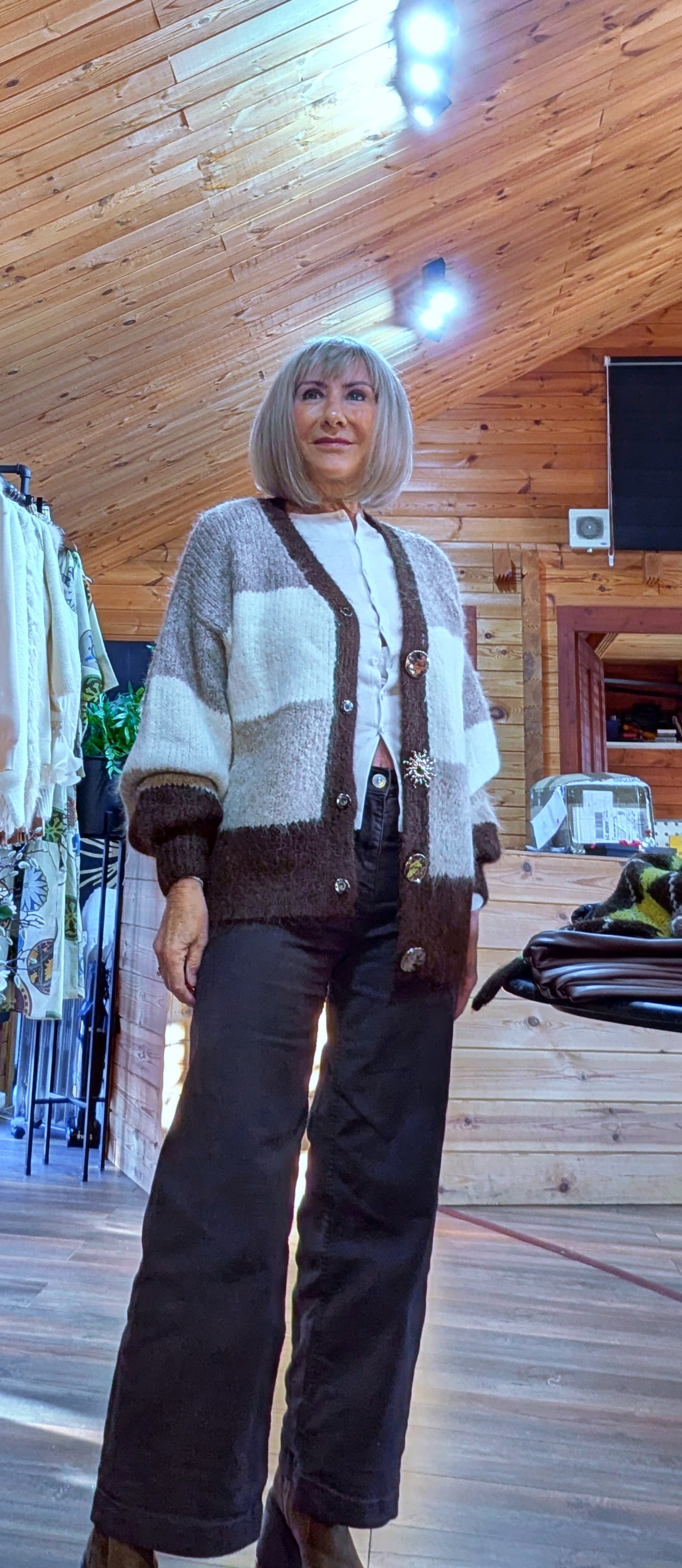 Gayle Jewel Button Cardigan –  Chocolate and Cream