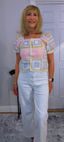 River Crochet Cardigan Cotton Knit with Embroidered Puff Sleeves