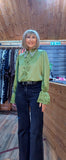 Emery Satin blouse with Pearl Collar and Floral Lace Green