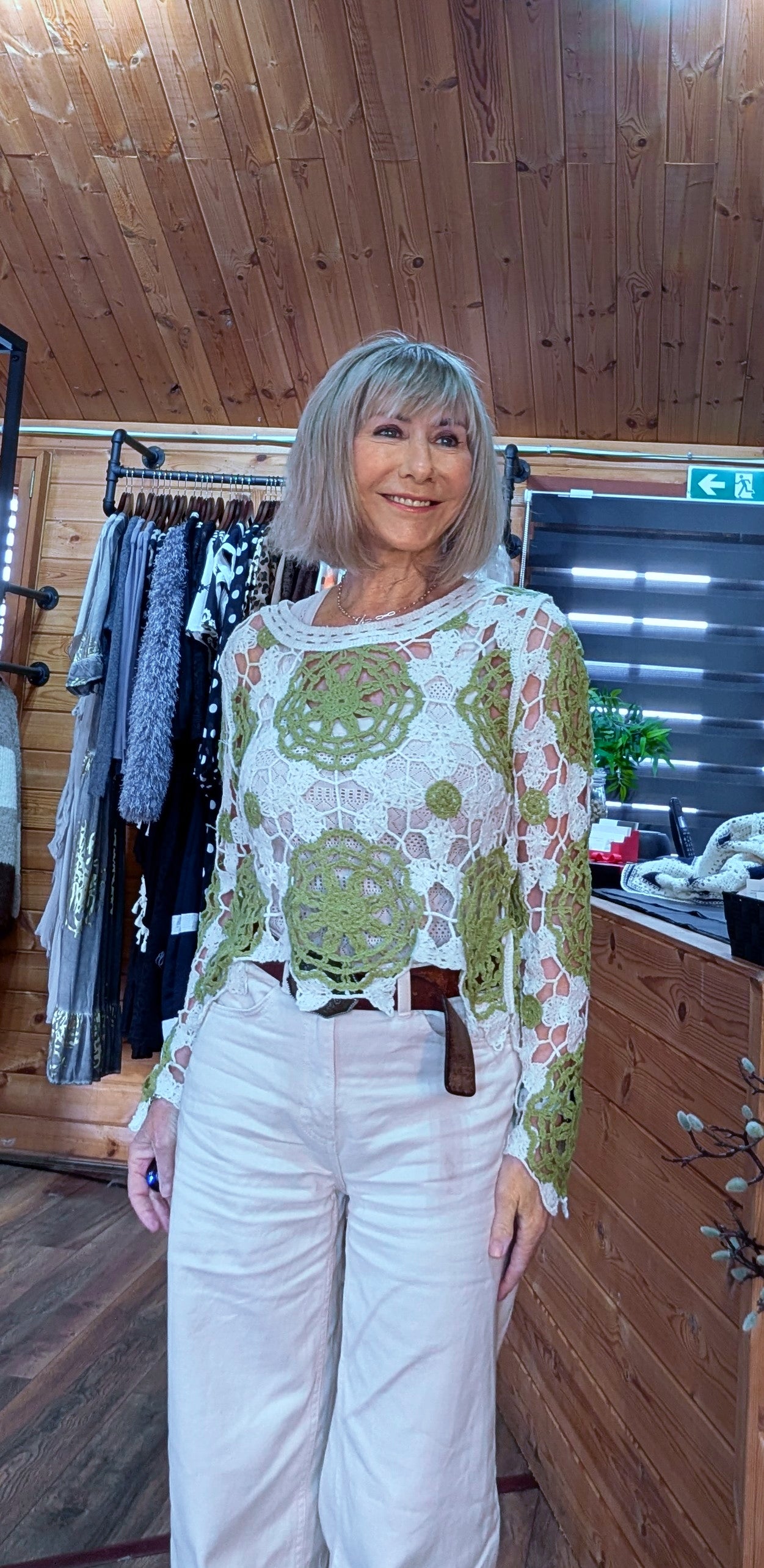 Pippa Green & Ecru Crochet Style Sweater