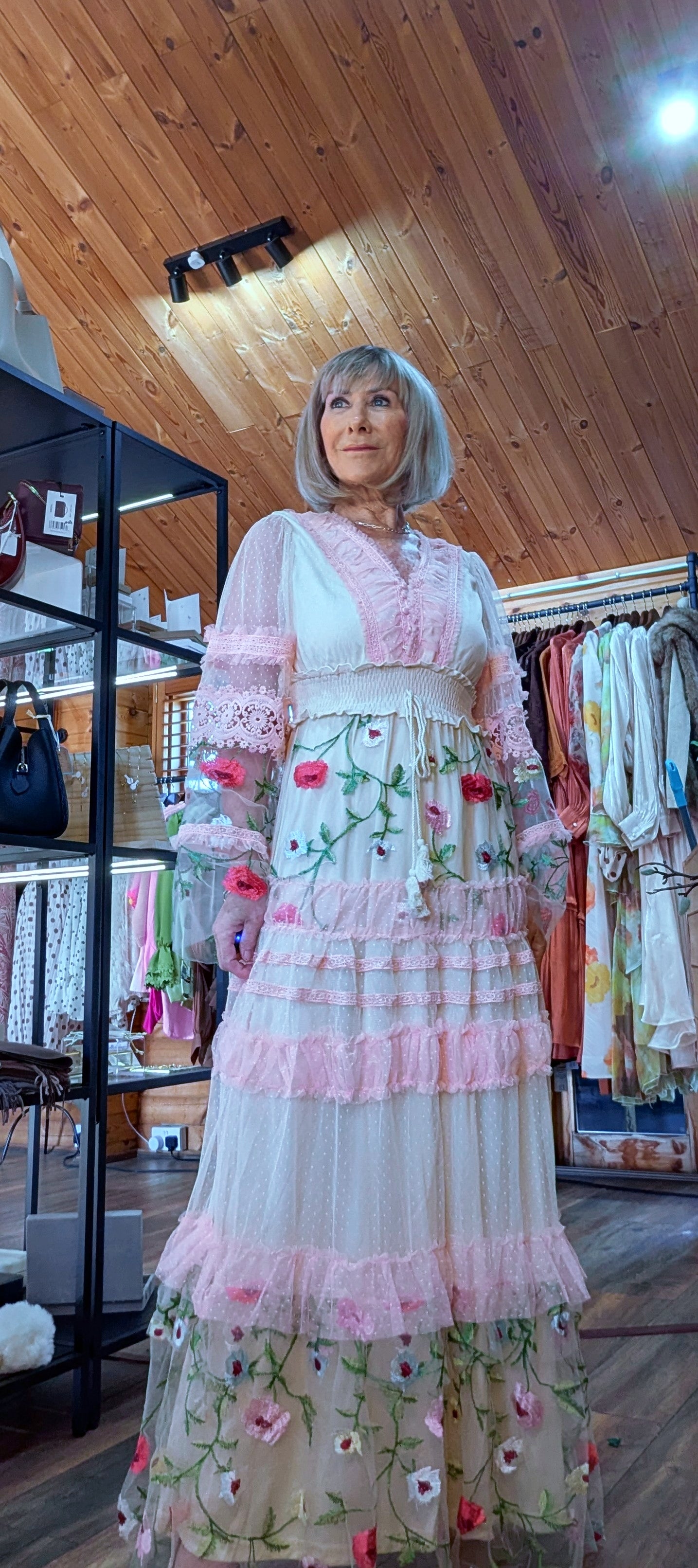 Stella Lace Bohemian Dress With Sheer Long Sleeves and Embroidery