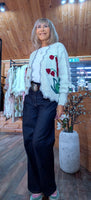 Misty Ivory Cardigan – Grey Piping & Embroidered Floral Detail
