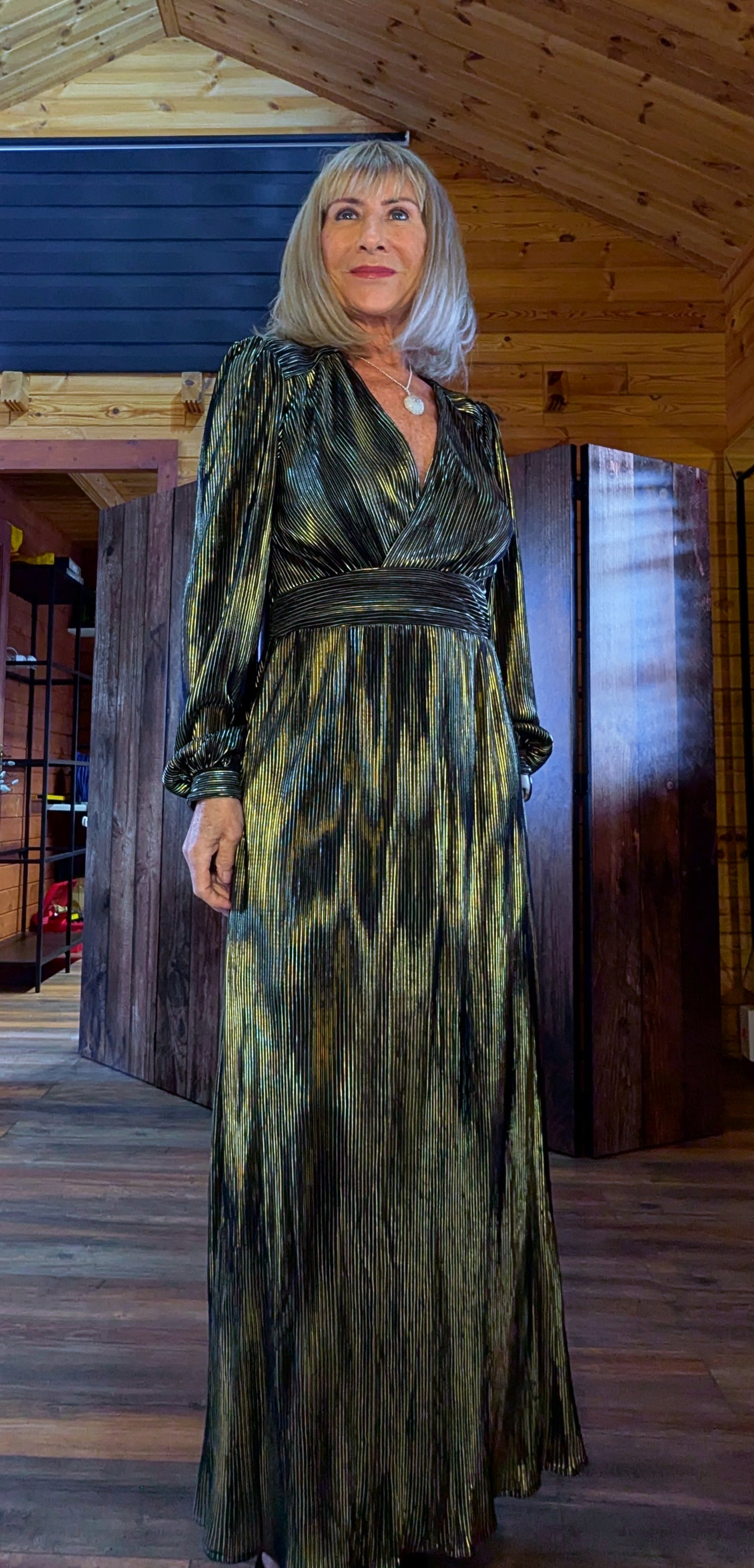 Donatella Gold and  Black Dress – Tailored Fit with Wrap Bust